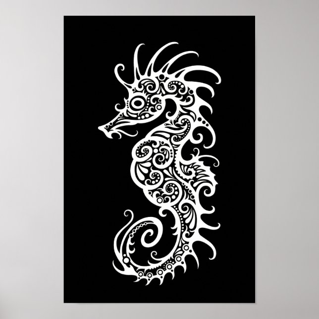Intricate White Seahorse Design on Black Poster (Front)