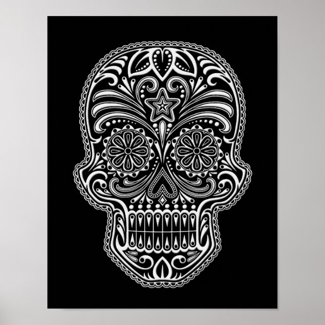 Intricate White Sugar Skull on Black Poster (Front)