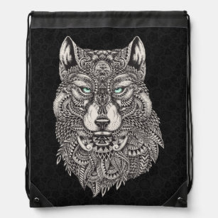 Intricate Wolf Head Illustration On Black Drawstring Bag