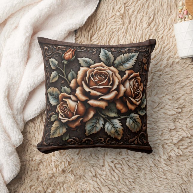 Intricate Wood Carving of Elegant Roses Throw Pillow (Blanket)