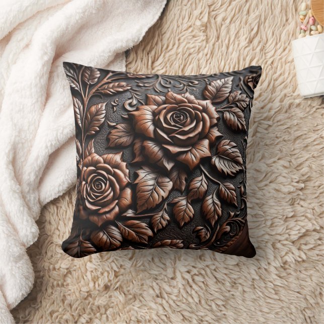 Intricate Wood Carving of Roses on Brown Panel Throw Pillow (Blanket)