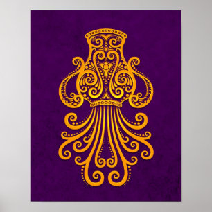 Intricate Yellow Aquarius Zodiac on Purple Poster