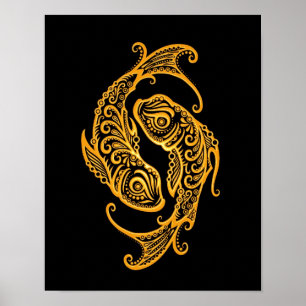 Intricate Yellow Pisces Zodiac on Black Poster