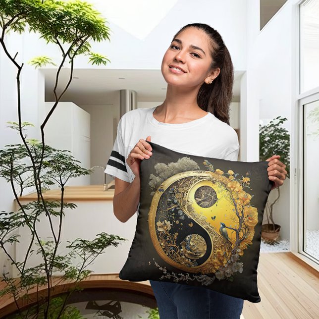 Intricate Yellow Taijitu Yin and Yang Contemporary Throw Pillow (Creator Uploaded)