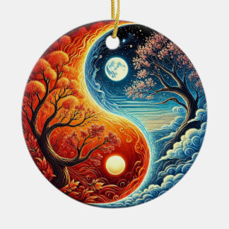 Intricate Yin-Yang Symbol Showcasing Fire, Water Ceramic Ornament
