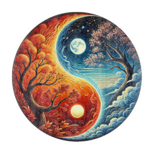 Intricate Yin-Yang Symbol Showcasing Fire, Water Cutting Board
