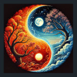 Intricate Yin-Yang Symbol Showcasing Fire, Water Poster<br><div class="desc">An artistic yin-yang design portraying the balance of fire,  water,  and celestial harmony with trees,  one representing fiery energy and the other depicting serene coolness,  intertwined in a vibrant depiction of duality and unity.</div>