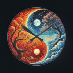 Intricate Yin-Yang Symbol Showcasing Fire, Water Round Clock<br><div class="desc">An artistic yin-yang design portraying the balance of fire,  water,  and celestial harmony with trees,  one representing fiery energy and the other depicting serene coolness,  intertwined in a vibrant depiction of duality and unity.</div>