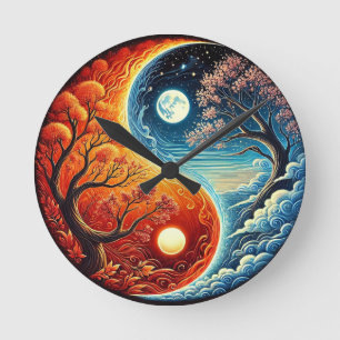 Intricate Yin-Yang Symbol Showcasing Fire, Water Round Clock