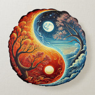 Intricate Yin-Yang Symbol Showcasing Fire, Water Round Pillow