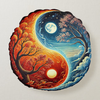 Intricate Yin-Yang Symbol Showcasing Fire, Water Round Pillow