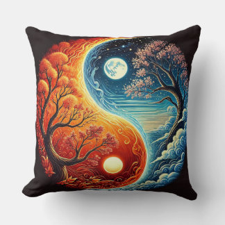 Intricate Yin-Yang Symbol Showcasing Fire, Water Throw Pillow