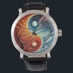 Intricate Yin-Yang Symbol Showcasing Fire, Water Watch<br><div class="desc">An artistic yin-yang design portraying the balance of fire,  water,  and celestial harmony with trees,  one representing fiery energy and the other depicting serene coolness,  intertwined in a vibrant depiction of duality and unity.</div>