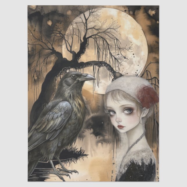 Intriguing Fantasy Gothic Raven & Girl Tissue Paper (Front)