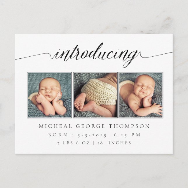Introducing Baby Birth Announcement 3 Photo Postcard (Front)