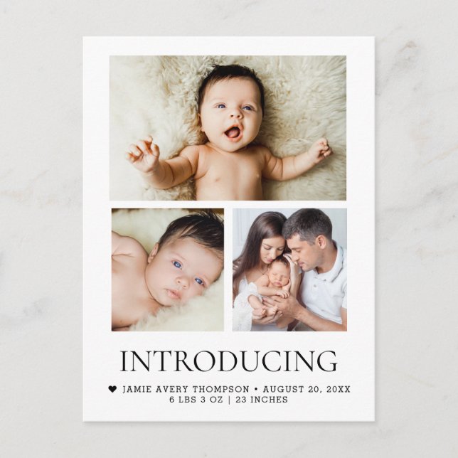 Introducing Baby Custom 3 photos Modern Heart Postcard (Front)