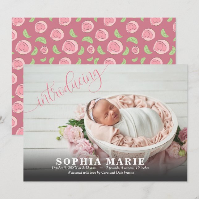 Introducing Baby Photo Pink Birth Announcements (Front/Back)