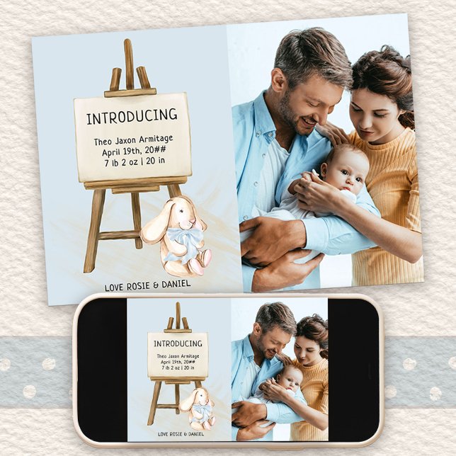 Introducing Easel & Bunny Photo Baby Boy Birth Announcement (Photo Birth Announcement with cute nursery design. Buy printed or as printable digital download)