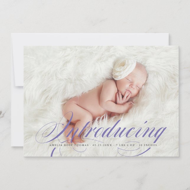 Introducing Elegant Full Bleed Photo New Baby Announcement (Front)