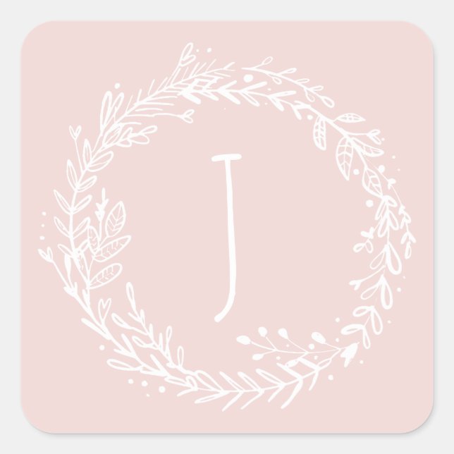 Introducing floral wreath initial name square sticker (Front)