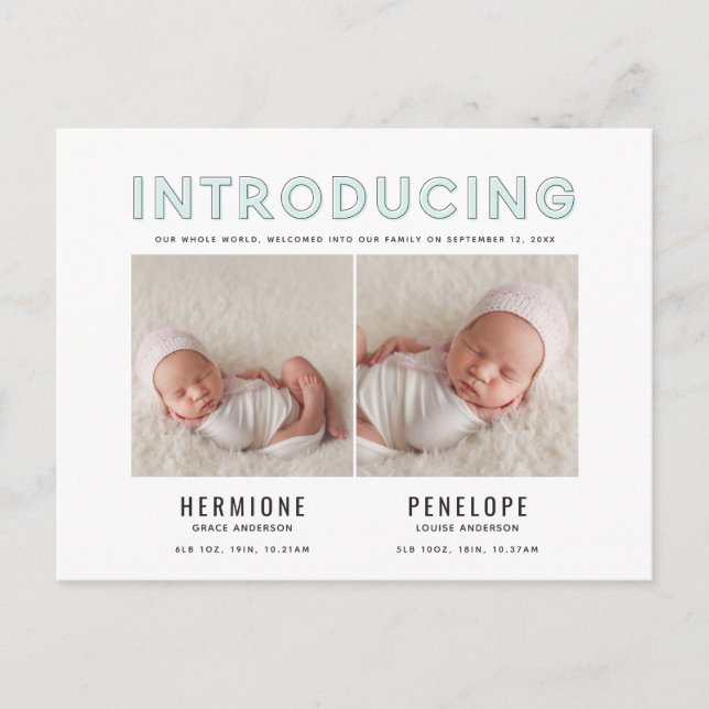 Introducing graphic modern twin birth announcement (Front)