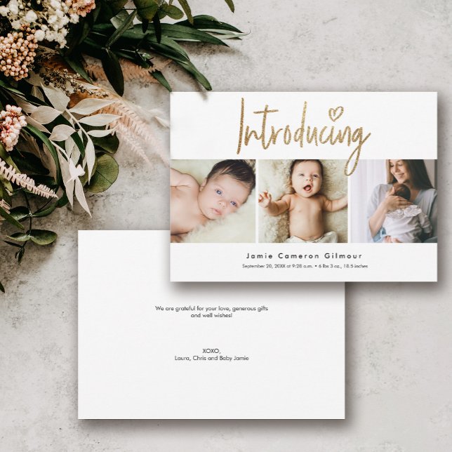 Introducing Modern Gold Script heart 3 photo Baby Thank You Card (Introducing baby gold script heart birth announcement.)