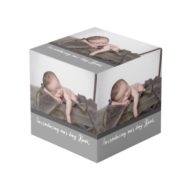 Introducing our boy, Name Baby Photo Cube (Front Angled)