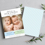 Introducing Our Twin Boys Blue Green Photo Birth Announcement<br><div class="desc">Announce your new twin boys in style with this simple and elegant photo birth announcement card. Design features custom text in classic typestyles that can be personalized with first and middle names and birth stat details for each baby. A diagonal pattern of pinstripes dresses up the back side of the...</div>