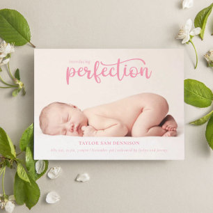 Introducing Perfection Simple Script Photo Birth Announcement