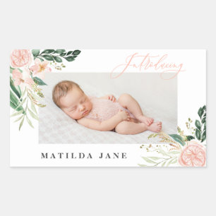 Introducing photo blush floral birth announcement sticker