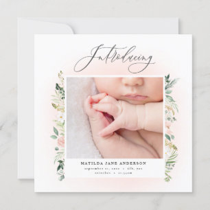Introducing photo blush pink floral birth announcement