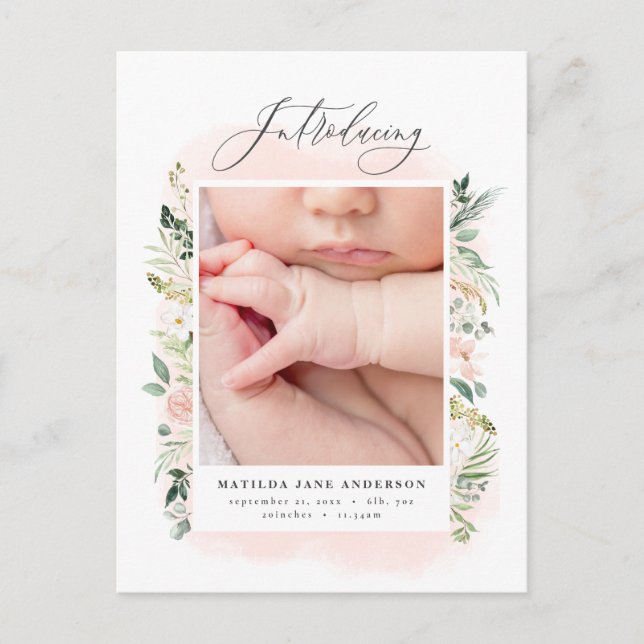 Introducing photo pink floral birth announcement (Front)