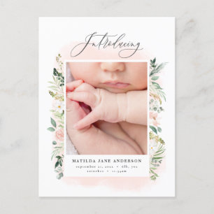 Introducing photo pink floral birth announcement postcard