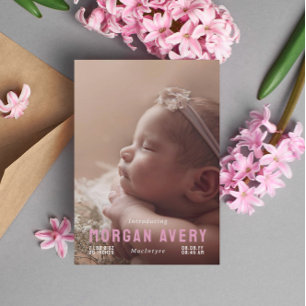 Introducing Pink Typography New Baby Photo Announcement
