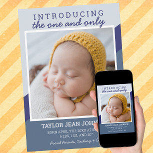 Introducing Retro Blue Baby Boy Photo Announcement