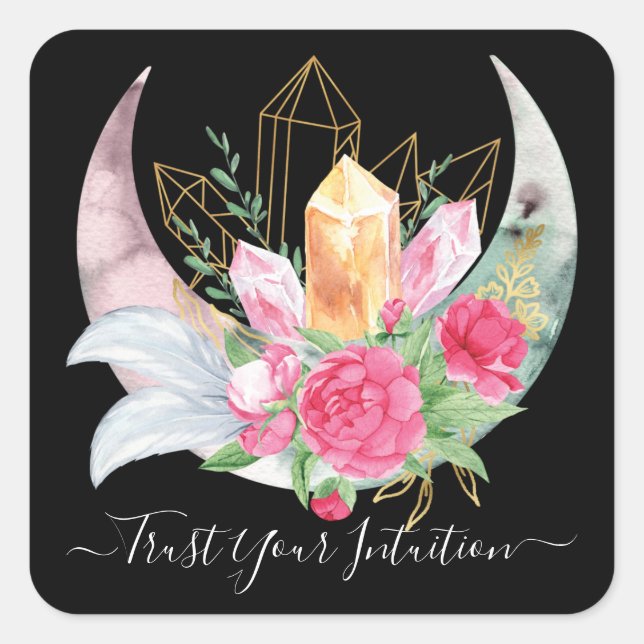 Intuition Crystals Moon Feathers Flowers Boho  Square Sticker (Front)