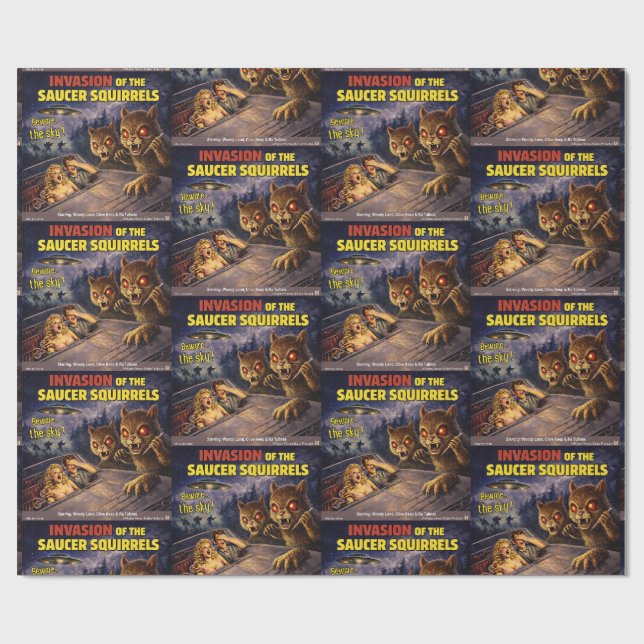 Invasion of the Saucer Squirrels Parody Wrapping Paper (Flat)