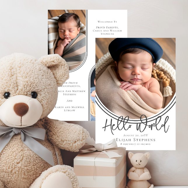 Inverted Arch Hello World Photo Birth Announcement (Simple Minimalist Modern Inverted Arch "Hello World" 3 Photo Birth Announcement)