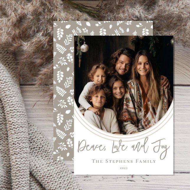 Inverted Arch Trendy Peace Love and Joy Photo Holiday Card (Simple and classy, modern photo trendy script text "Peace, Love and Joy" design with inverted arch.)