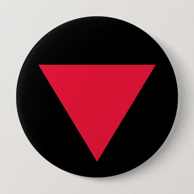 inverted red triangle 4 inch round button (Front)