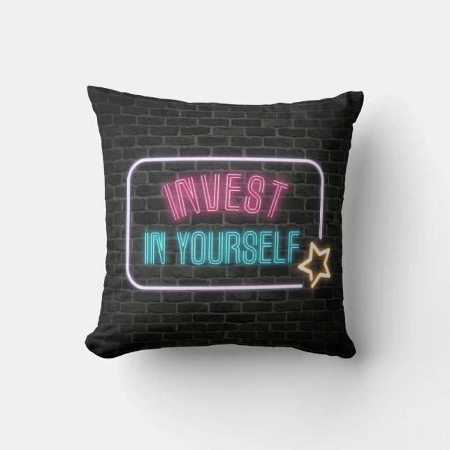 Invest In Yourself Neon Sign Throw Pillow (Front)