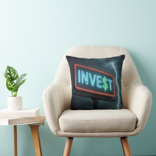 Invest Neon Billboard with Lightning Throw Pillow