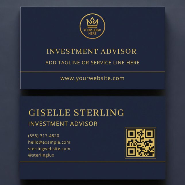 Investment Advisor Blue Gold Logo QR Code Business Card (Creator Uploaded)