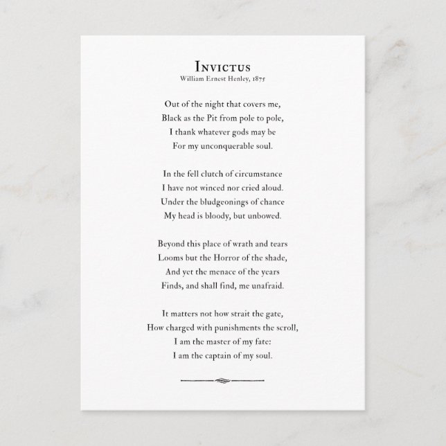 Invictus Poem, inspirational poetry quote Postcard (Front)