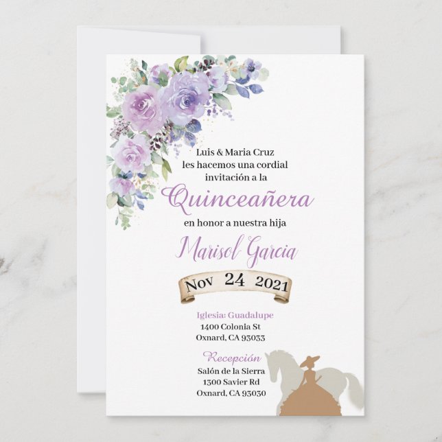 Invitación Quinceañera Purple Lilac Floral charr (Front)