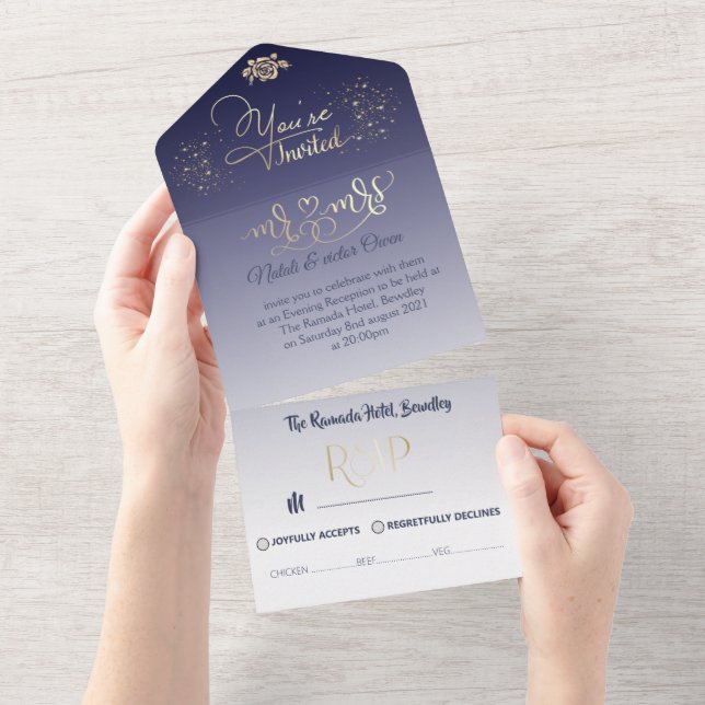 invitación a boda elegante azul all in one invitation (Tearaway)