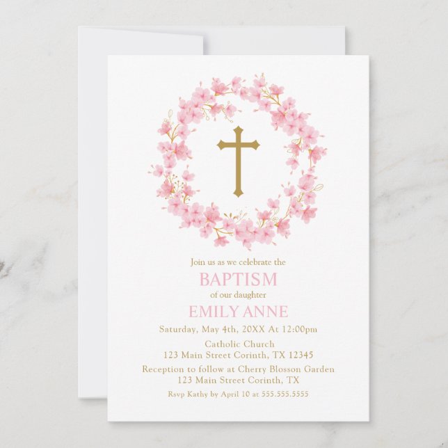 Invitación Baptism Cherry Blossom floral I Invitation (Front)