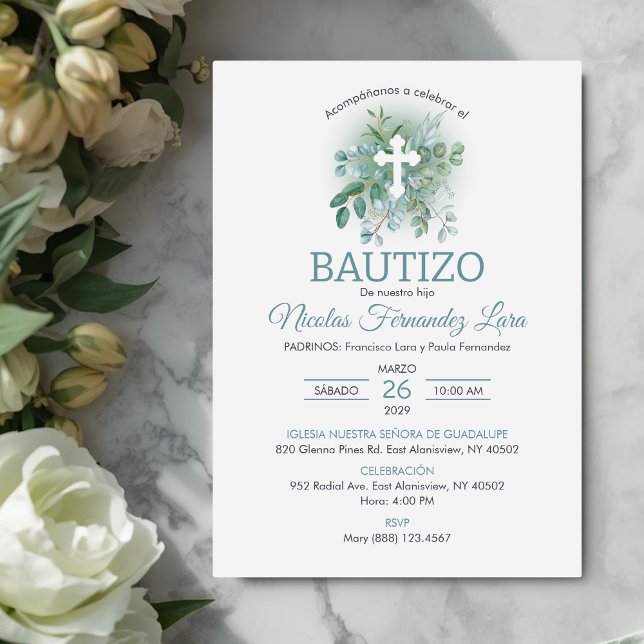 Invitacion Bautizo Green Leaves Elegant Baptism Invitation (Creator Uploaded)