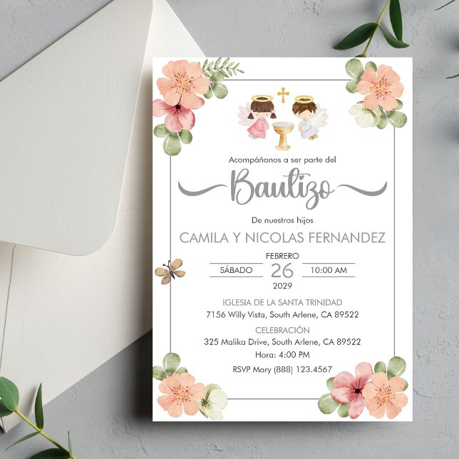 Invitacion Bautizo Spanish Cute Twin Angels Invitation (Creator Uploaded)