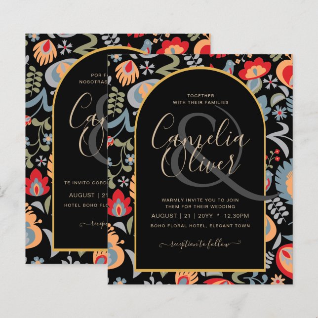 invitación bilingüe de boda de flores popular, (Front/Back)